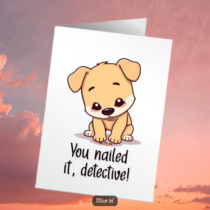 Funny Free Printable Congratulations Card: A dog intensely examines a tiny footprint, offering a humorous way to congratulate someone on an achievement.