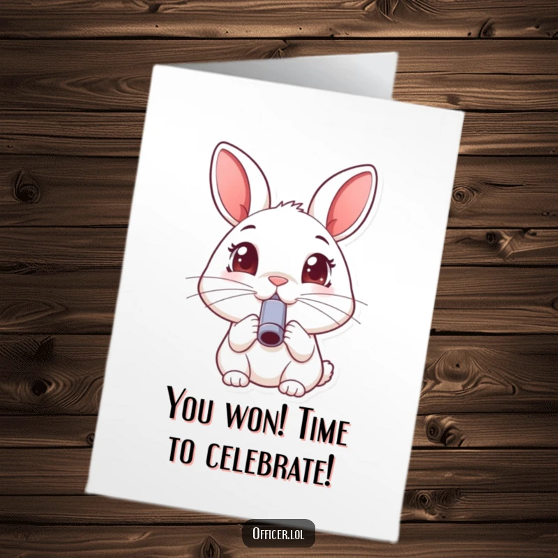 Funny Free Printable Rabbit Congratulations Card, happy rabbit blowing whistle, joyful eyes, celebrating success, downloadable.