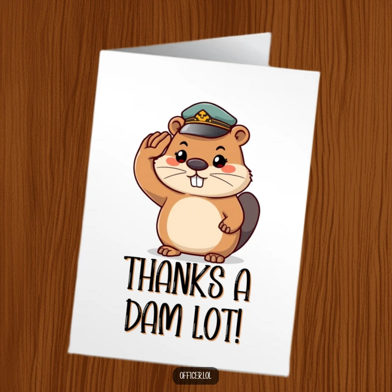 Funny Free Printable Beaver Thank You Card: A determined beaver salutes with a tiny cap and grin.