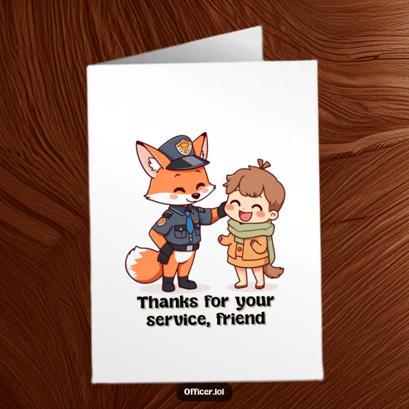 Funny Free Printable Thank You Card: Adorable fox officer giving a happy citizen a thankful pat.