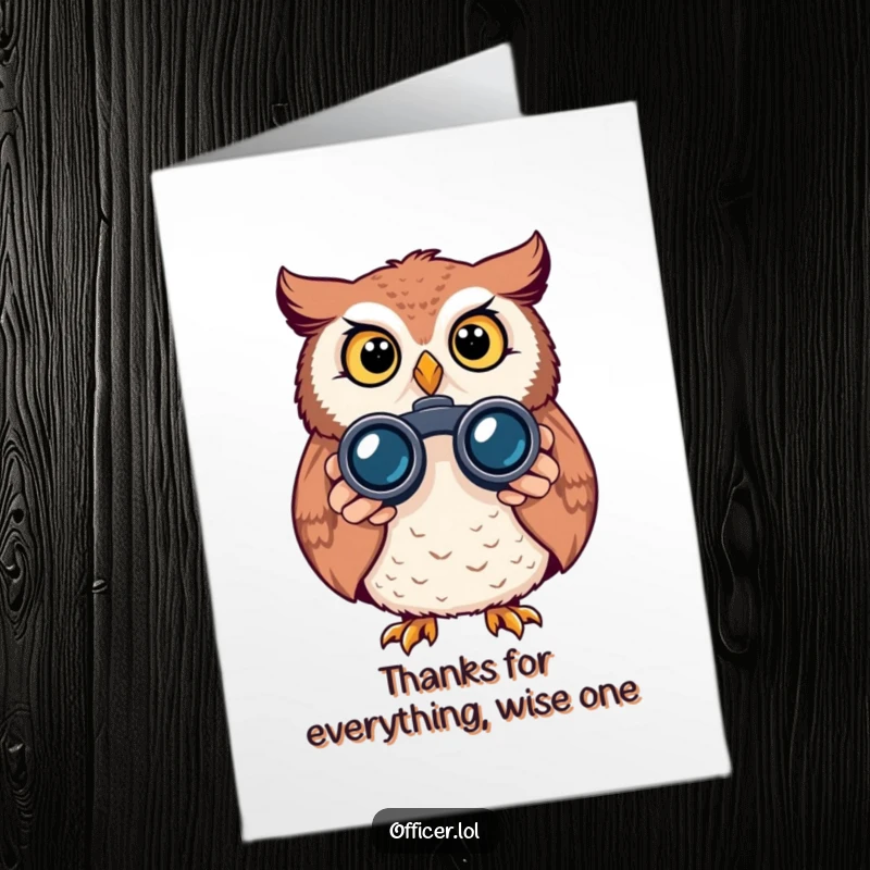 Funny Free Printable Owl Thank You Card, curious owl using binoculars, expressing thanks, clear vision, printable greeting.