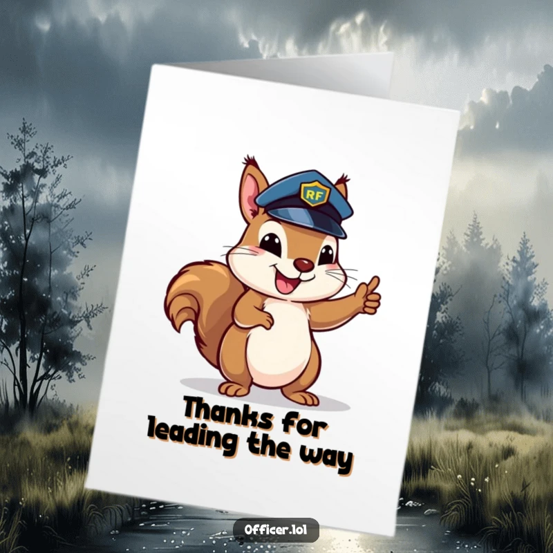 Funny Free Printable Thank You Card: Happy squirrel in a tiny police hat directing traffic, expressing thanks
