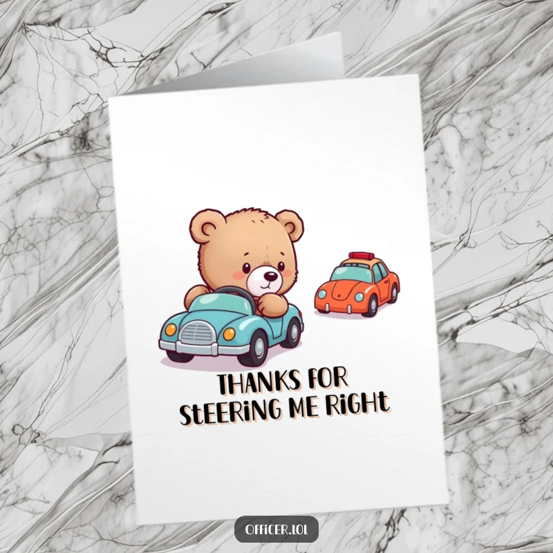 Funny free printable thank you card with a sweet bear cub meticulously directing a line of tiny toy cars, conveying gratitude.