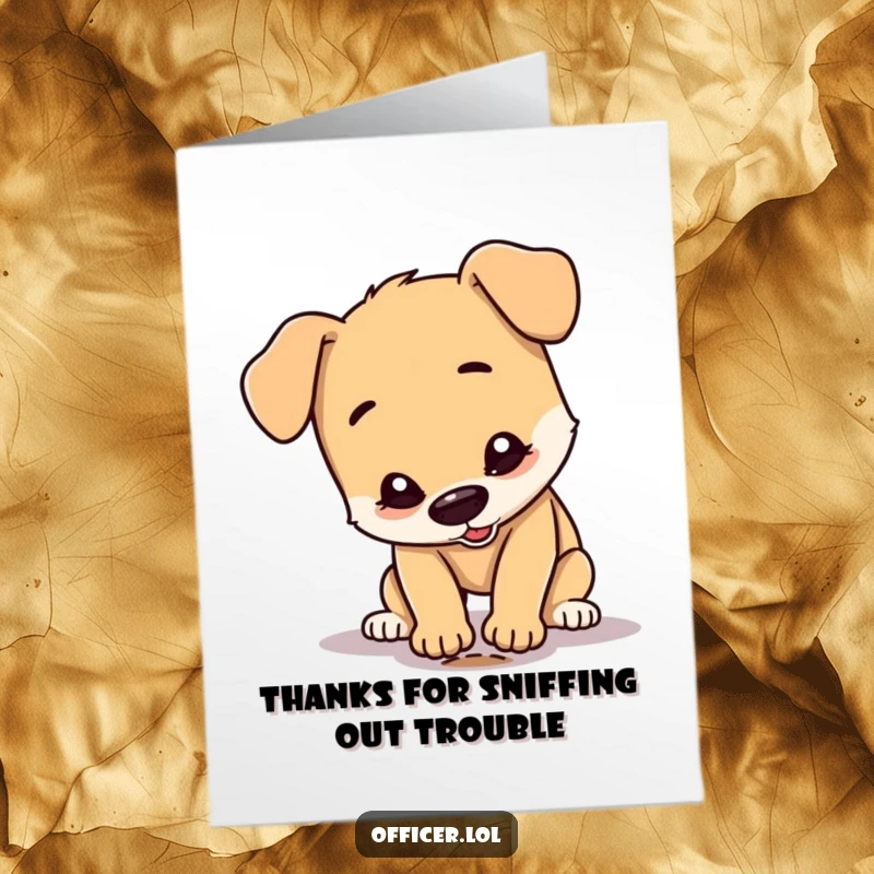 Funny Free Printable Thank You Card: A dog exhibits intense focus on a small footprint, making for a unique and humorous expression of gratitude.