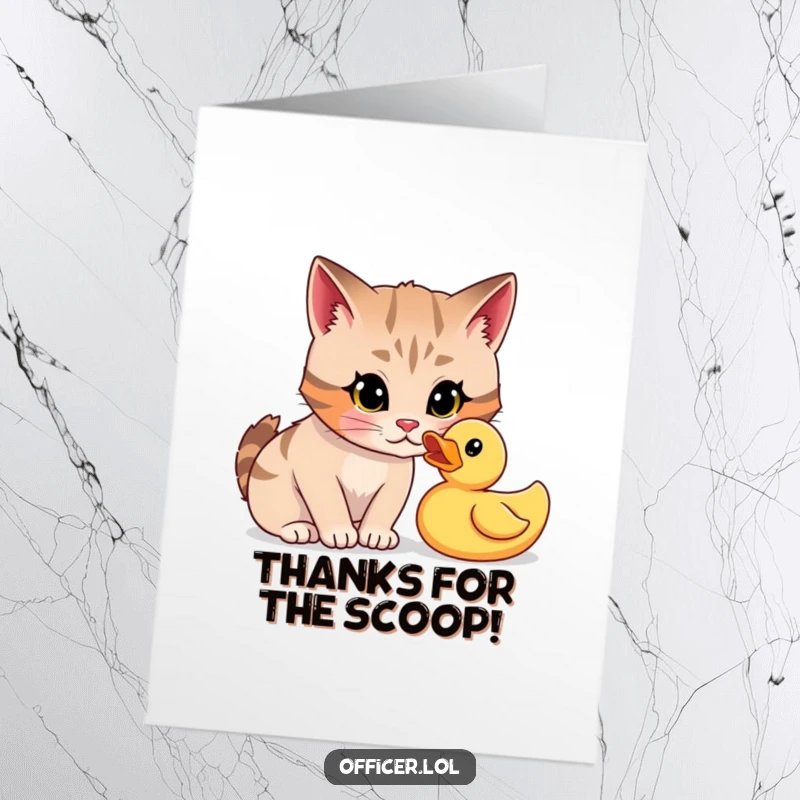 Funny Free Printable Thank You Card: A curious cat stares intently while interrogating a rubber duck.
