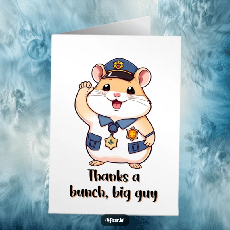 Funny Free Printable Thank You Card of a happy hamster officer in uniform, saluting with a tiny paw.