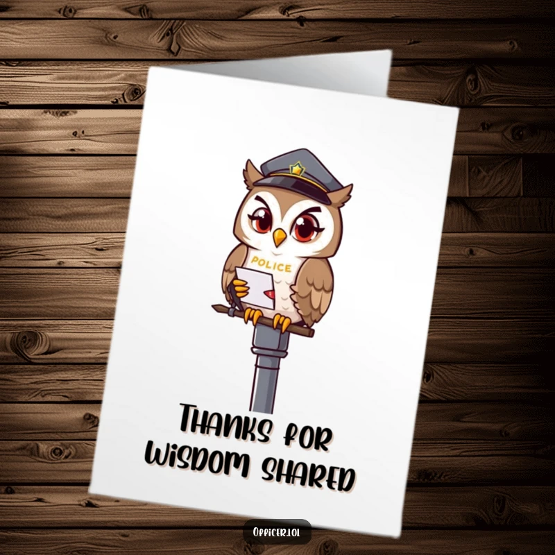 Funny Free Printable Thank You Card with a winking owl officer on a lamppost, ready to jot notes.