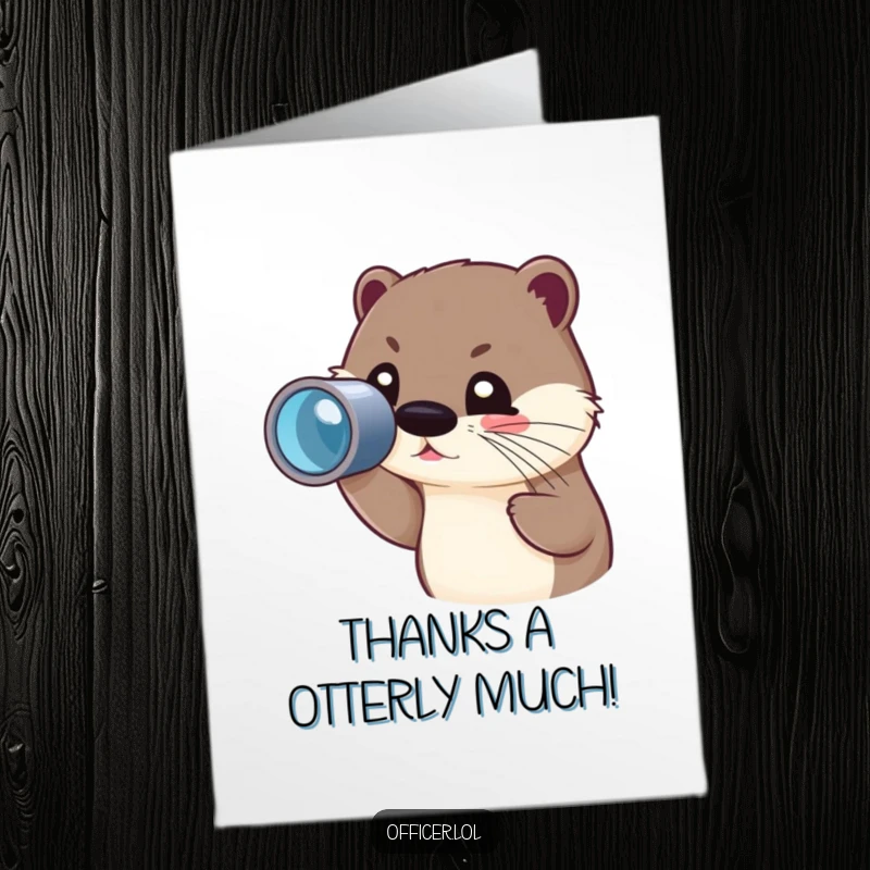 Funny Free Printable Thank You Card with a cute otter using a spyglass, looking happy and thankful.