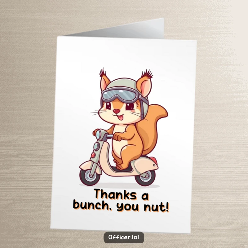 Funny Free Printable Thank You Card featuring a focused squirrel on a scooter, helmet and goggles on.
