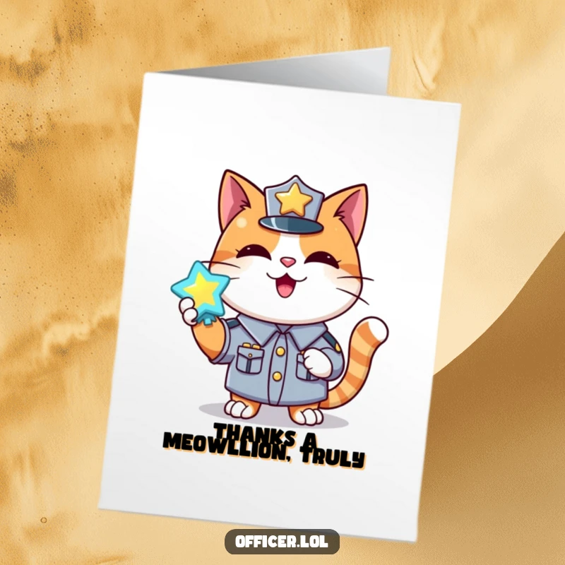 Funny Free Printable Thank You Card: A happy cat in uniform holds up a glowing badge, humorously conveying sincere thanks.