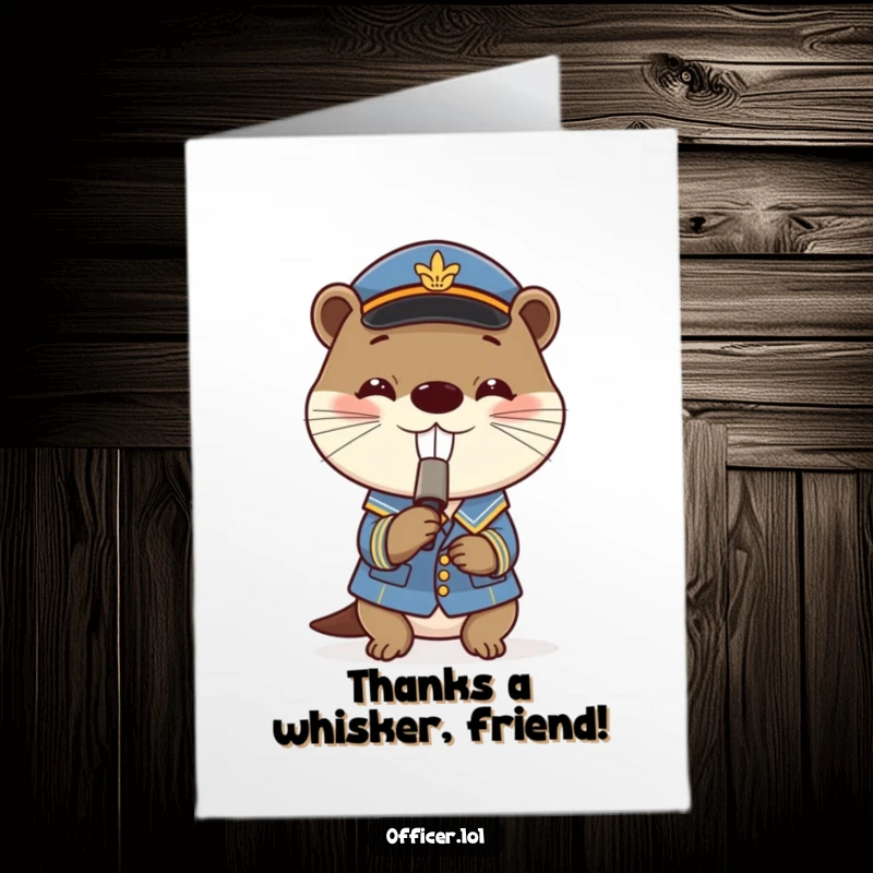 Funny Free Printable Thank You Card: A happy otter dressed in uniform blows a tiny whistle with a wide grin, showing thanks.