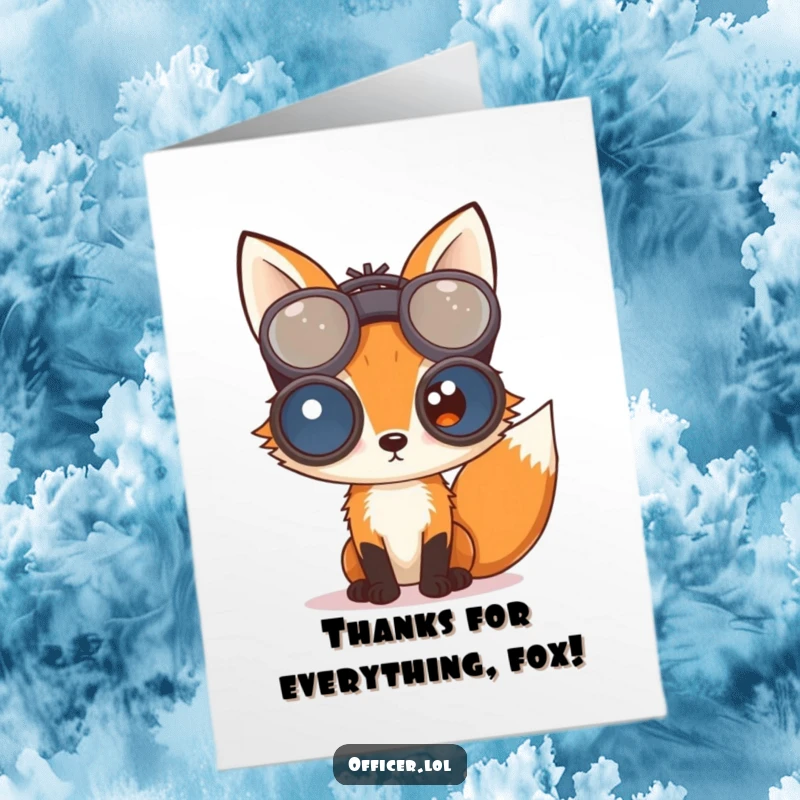 Funny Free Printable Thank You Card featuring a curious fox looking through large binoculars with interest.