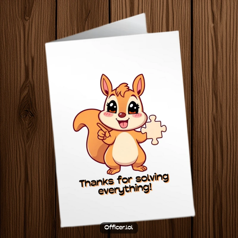 Free Printable Thank You Card: Energetic squirrel mascot enthusiastically pointing at a successfully completed puzzle.