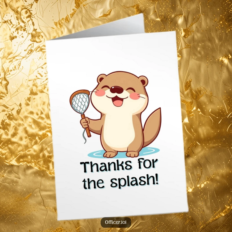 Funny Free Printable Thank You Card featuring a delighted otter holding a net, expressing thanks with a triumphant and joyful smile.
