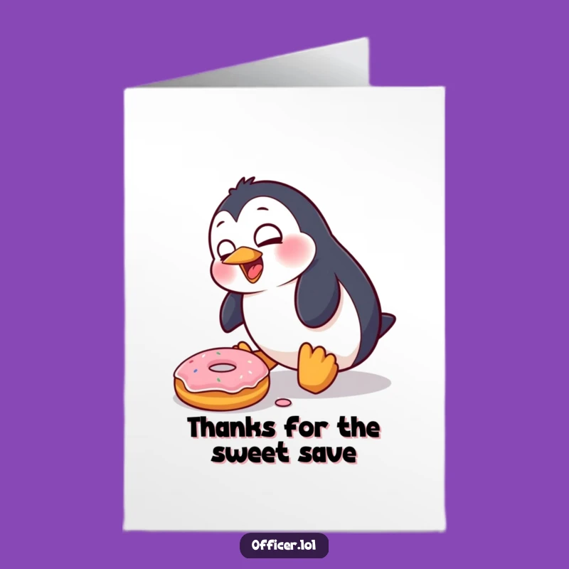 Free Printable Thank You Card: Penguin Donut Mishap, Humorous Gratitude Downloadable Art