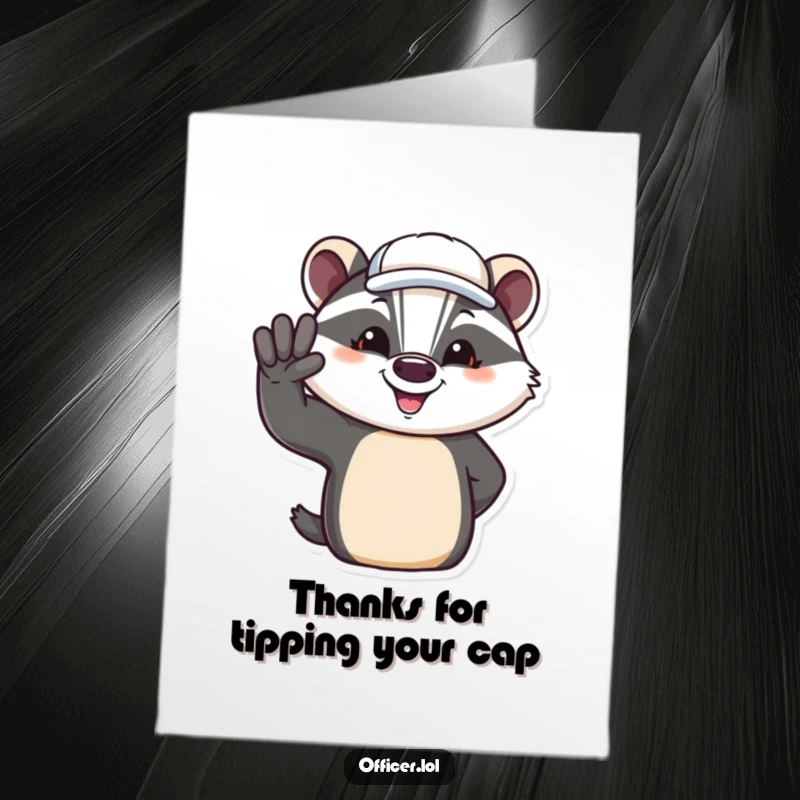 Funny Free Printable Thank you Card: A jovial badger wearing a cap offers a friendly salute, ideal for DIY.