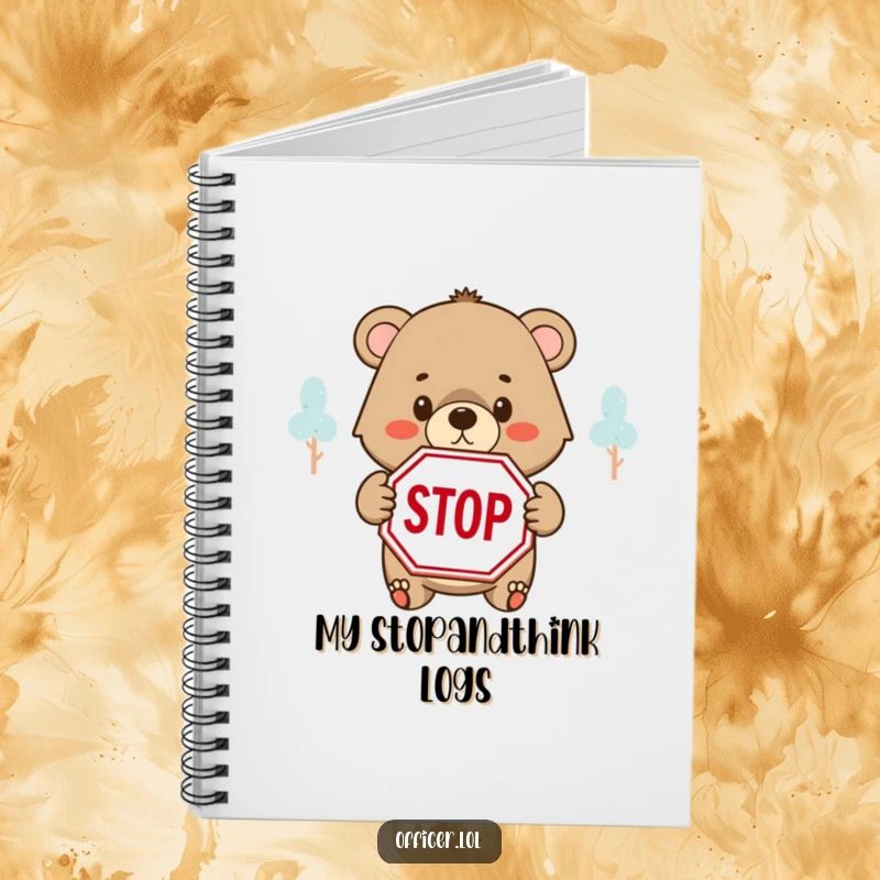 Funny notebook featuring a determined bear cub holding a STOP sign with a kind but firm look, ready to plan.