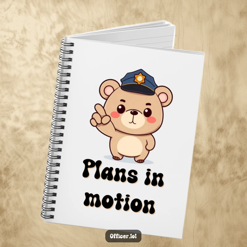 Funny notebook with a determined cartoon bear police officer pointing forward, ready to take notes with a stern, happy face.