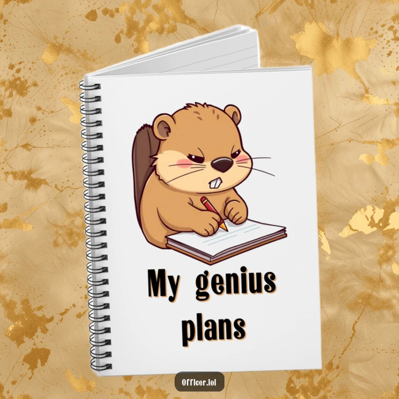 Funny notebook with a stern beaver writing intently, ideal for capturing ideas and notes with a humorous, focused vibe.