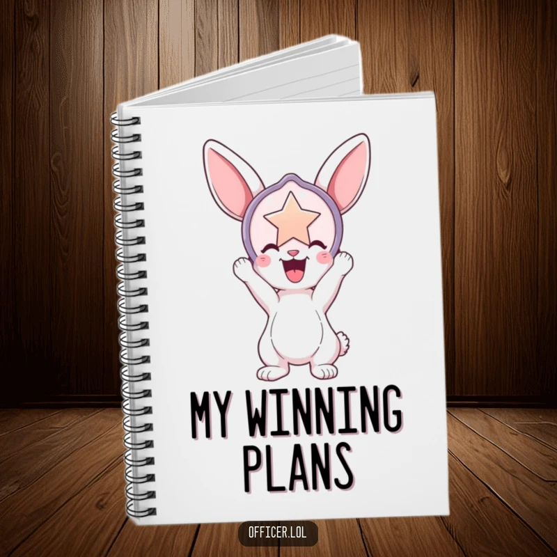 Funny notebook with a playful bunny holding a large, shiny badge aloft, ideal for jotting down notes with a humorous, triumphant touch.