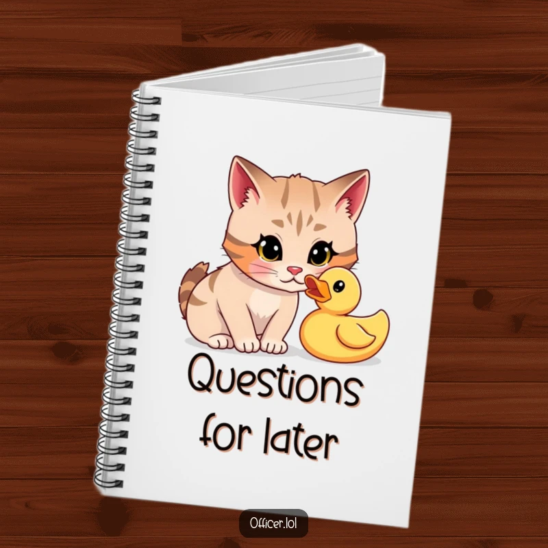Funny notebook with a focused cartoon cat staring curiously at a rubber duck, perfect for jotting down investigative thoughts.
