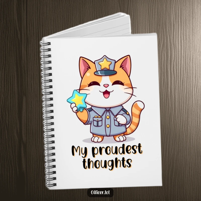Funny notebook featuring a happy cat in uniform holding a shiny, glowing badge, perfect for planning.