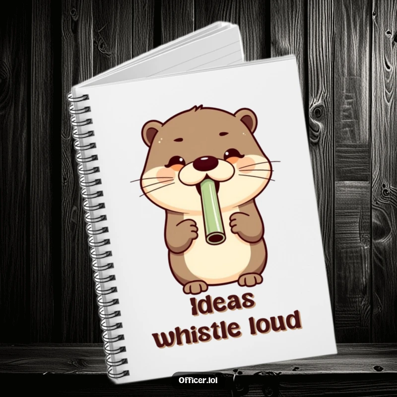 Cheerful otter blowing a whistle with a wide grin, a hilarious notebook for happy thoughts and cheerful notes.