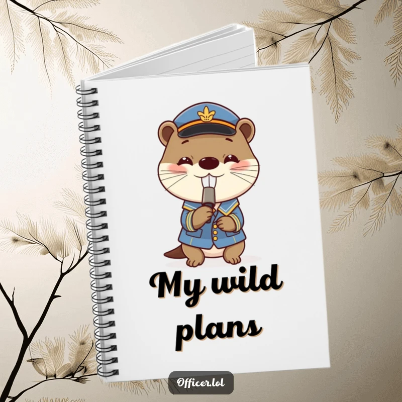 Funny notebook featuring a playful otter in a uniform blowing a tiny whistle with a grin, suitable for journaling.