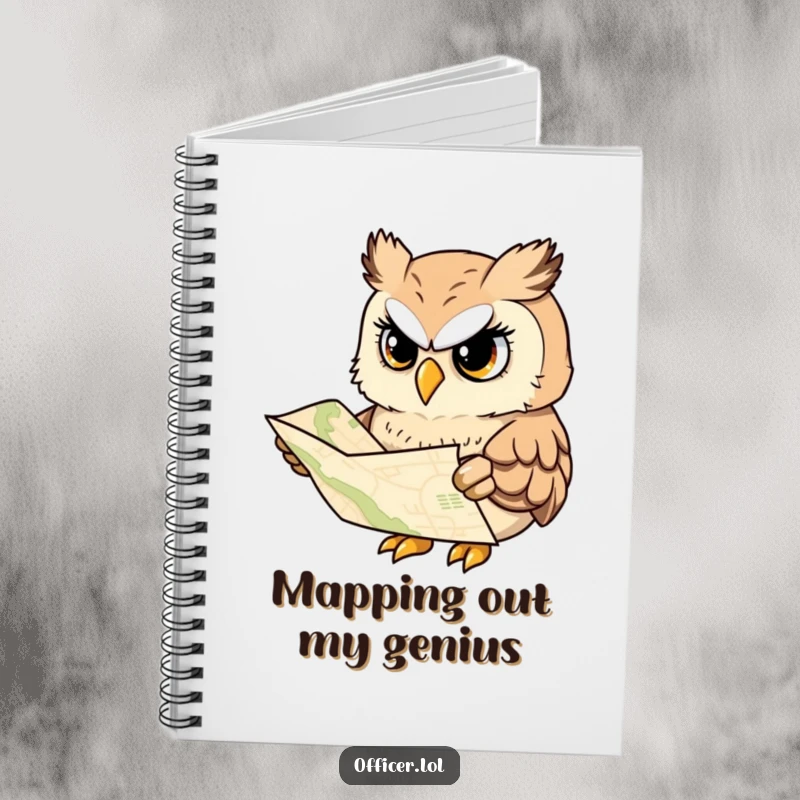 Funny notebook cover with a wise owl studying a map, designed for notes, studies, and plans.