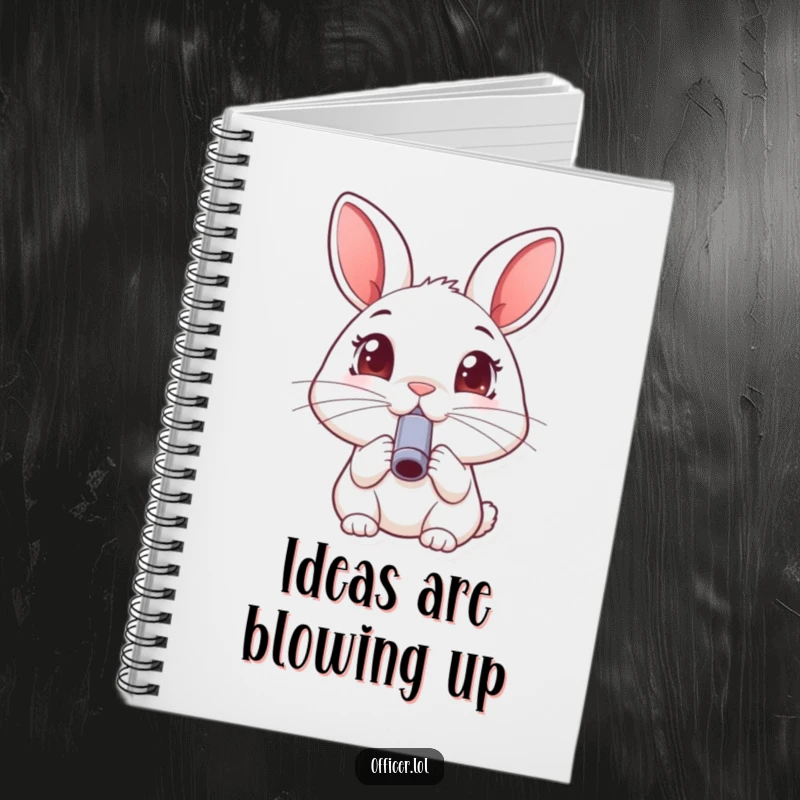 Funny rabbit notebook, for jotting down happy thoughts with a happy rabbit blowing a small whistle, joyful eyes.