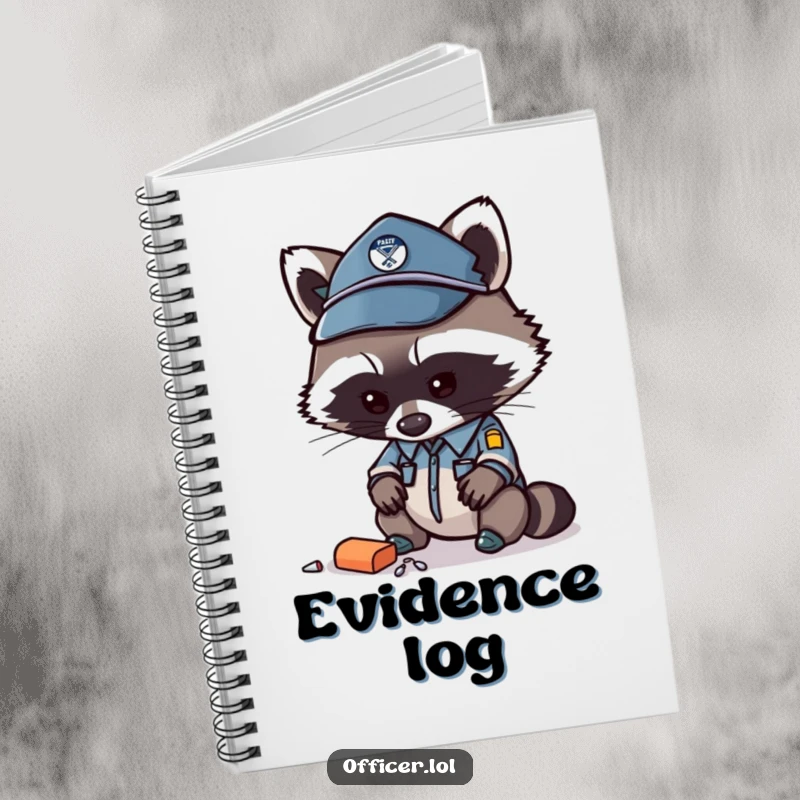 Funny raccoon officer notebook, design with a curious raccoon examining an item, perfect for note-takers.