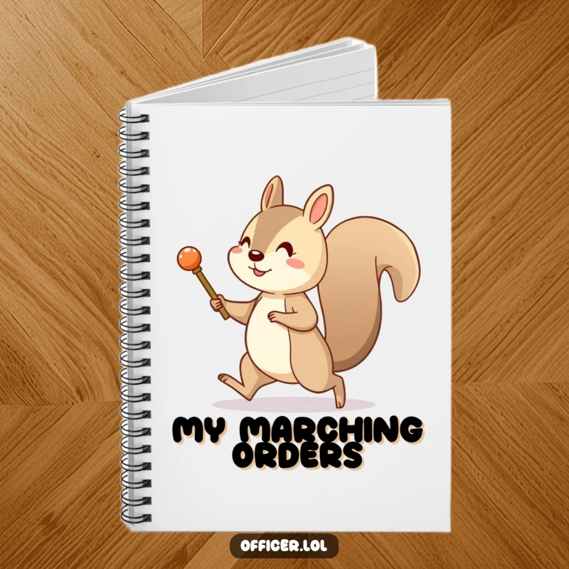 Funny notebook with a cheerful squirrel marching with a tiny pretend baton. Great for journaling and planning.