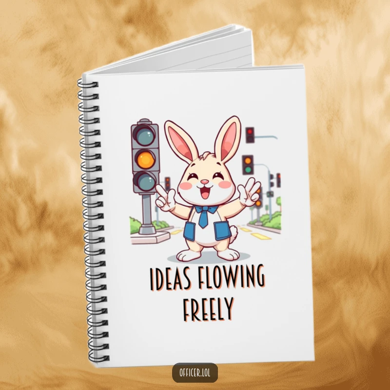 Funny notebook with a cheerful cartoon bunny directing traffic with enthusiastic paw gestures, ideal for note-taking.