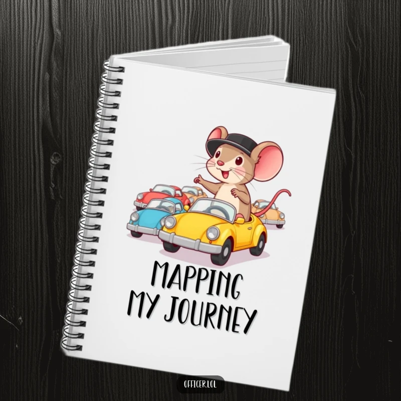 Funny notebook featuring a determined mouse in a hat enthusiastically directing tiny cars, perfect for planning.