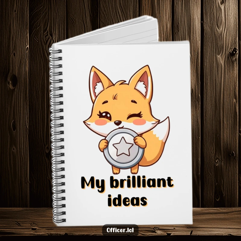 Funny notebook with a giggling cartoon fox holding a shiny badge and winking, perfect for jotting down clever thoughts.
