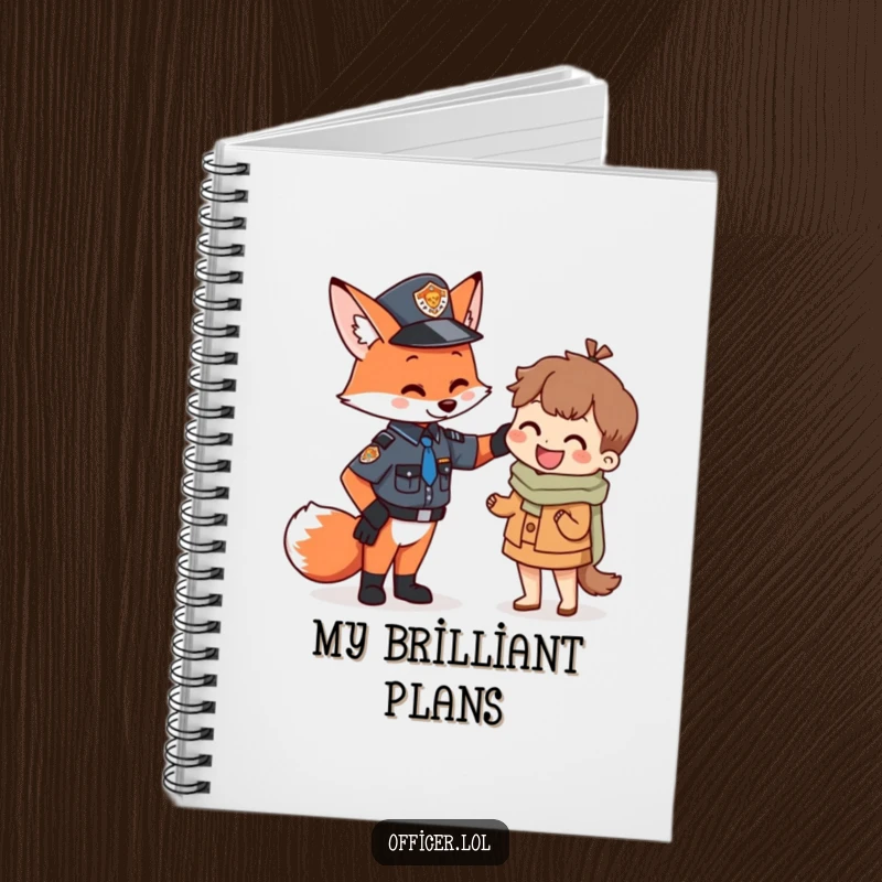 Funny Fox Officer Notebook with a playful fox law enforcement officer patting a tiny happy citizen, ideal for jotting notes and staying inspired.
