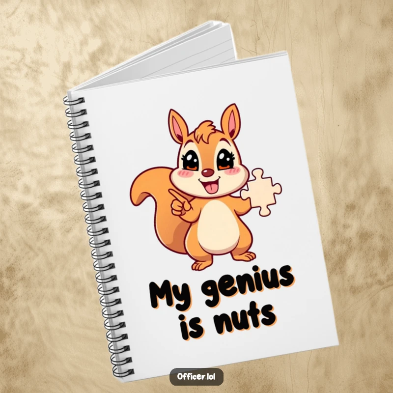 Funny energetic squirrel character pointing at a solved puzzle, smart journaling notebook.
