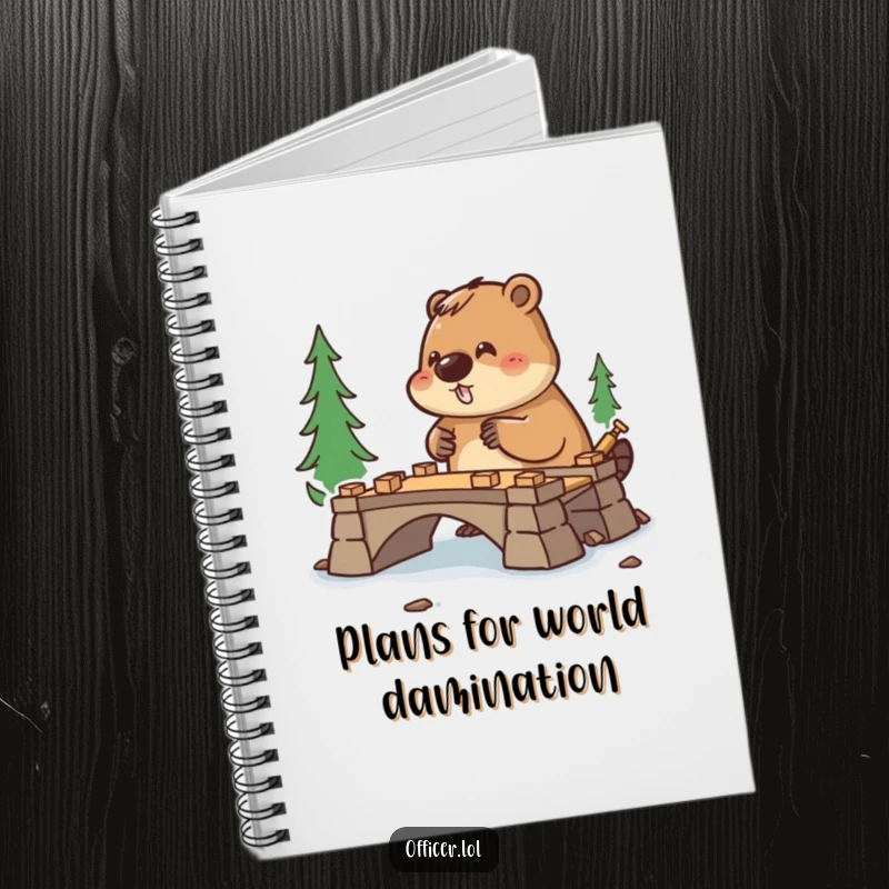 Funny notebook cover with a diligent beaver overseeing bridge construction, perfect for notes and plans.