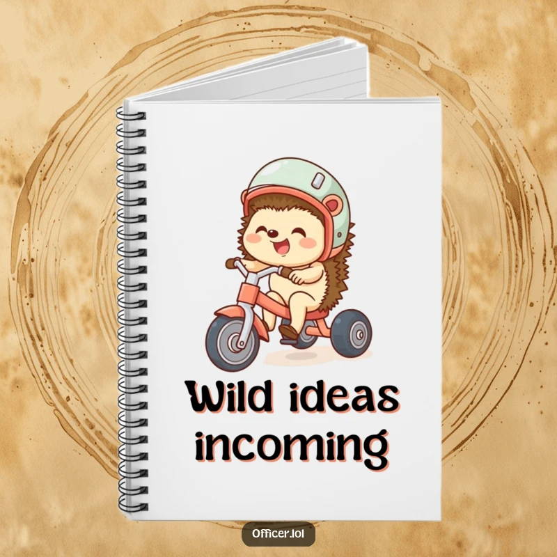Funny notebook with a giggling hedgehog riding a tricycle, perfect for jotting down joyful thoughts and playful ideas.