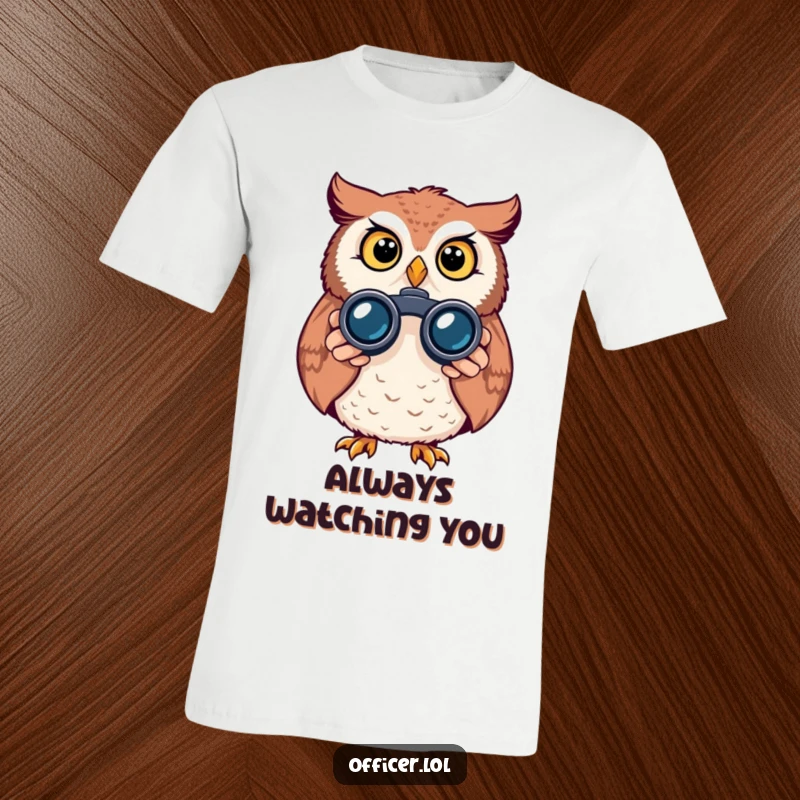 Funny owl t-shirt, alert and curious bird peeking through binoculars, a delightful and humorous design for twitchers.
