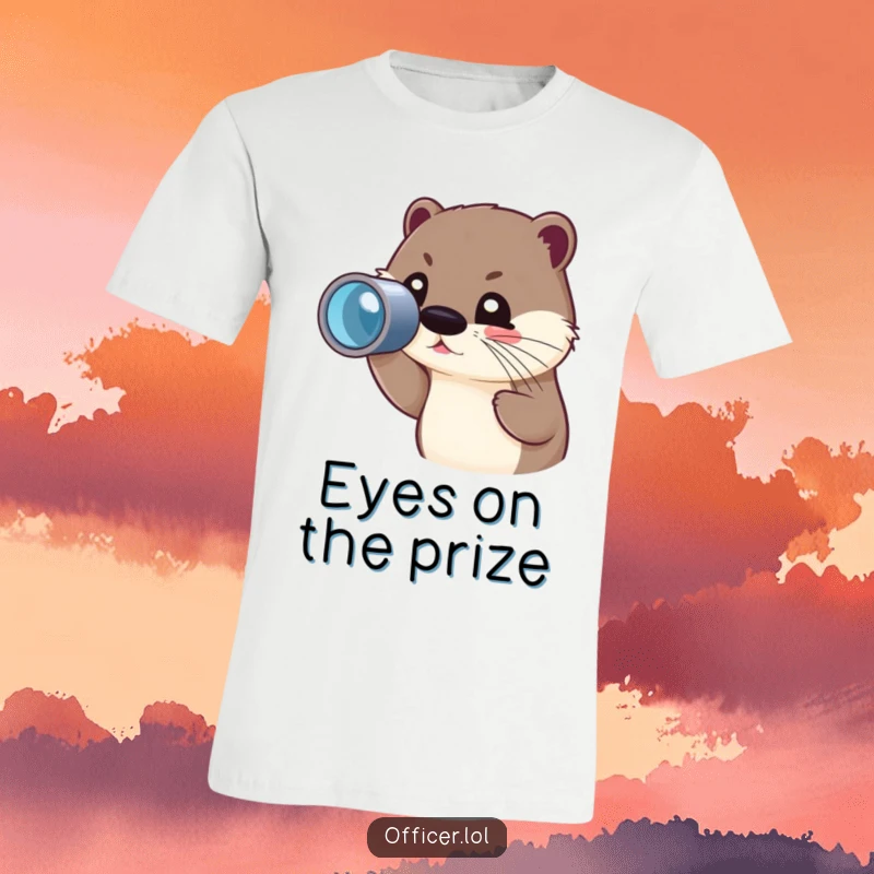 Funny t-shirt featuring a cute otter character peering through a spyglass with a focused but joyful, adventurous gaze.