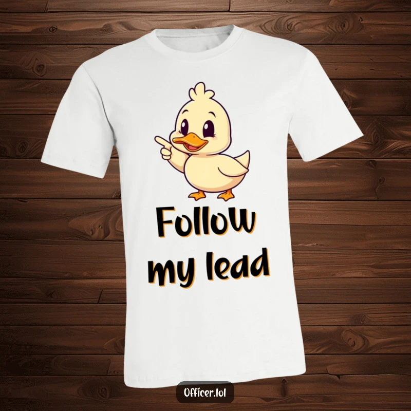 Funny duck t-shirt, a happy duck pointing ahead decisively and winking, conveying confidence and cheerful direction.