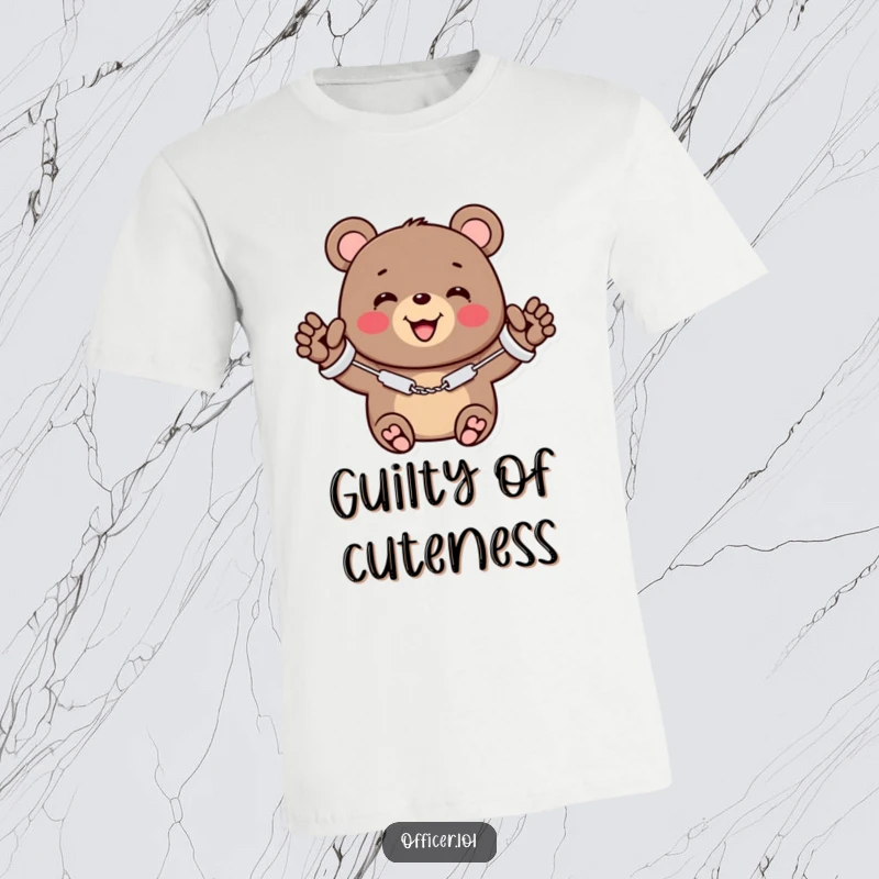 Funny t-shirt featuring a cheerful bear in miniature handcuffs, smiling and waving, embodying adorable naughtiness.