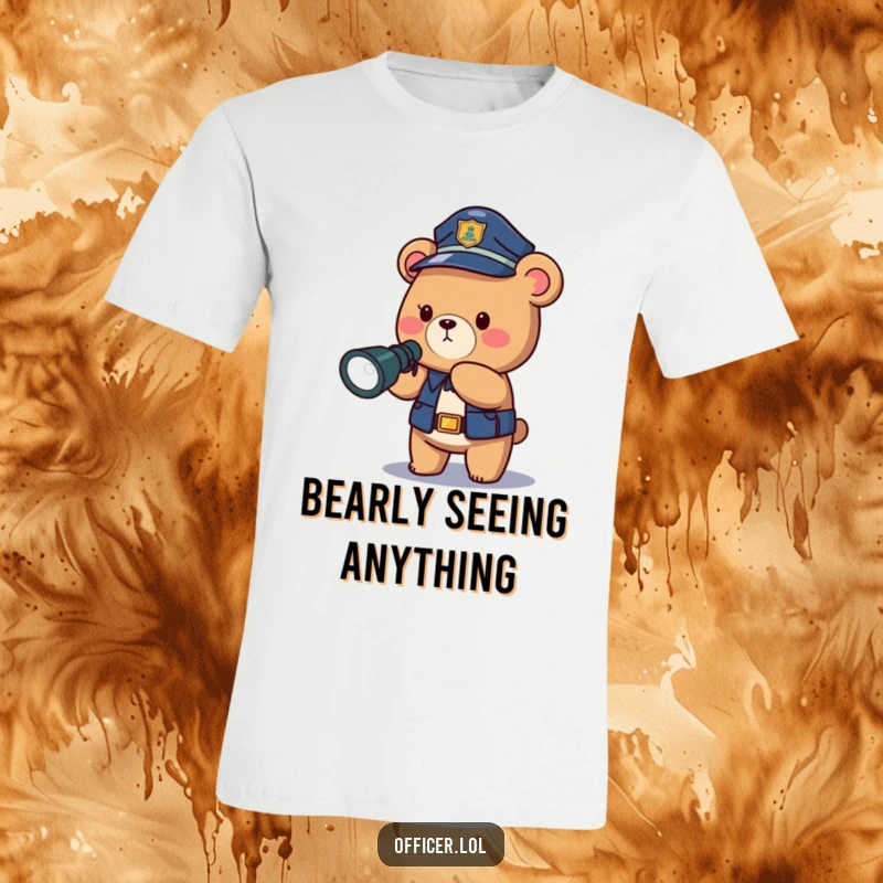 Funny police bear t-shirt featuring a brave officer with a flashlight, ready for night patrol, embodying humor.