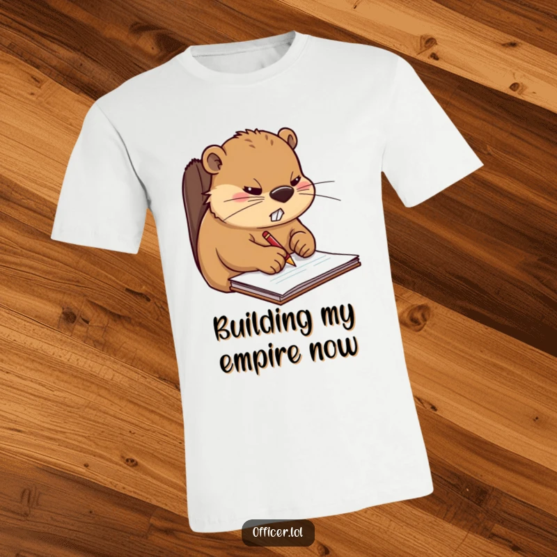 Funny t-shirt showing a serious beaver engrossed in writing on a notepad, a perfect representation of focused, intense work.
