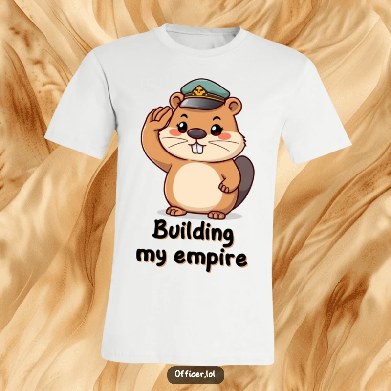 Funny beaver t-shirt, a determined beaver in a tiny cap saluting proudly, embodying unwavering spirit and humor.