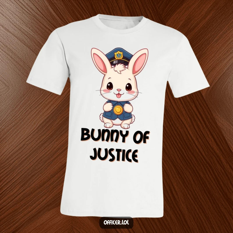 Funny t-shirt: A cute bunny officer wearing a small cap holds a badge proudly, a funny gift.