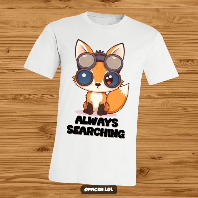 A curious fox holding oversized binoculars to its eyes, depicted on a t-shirt for those with a keen sense of observation.