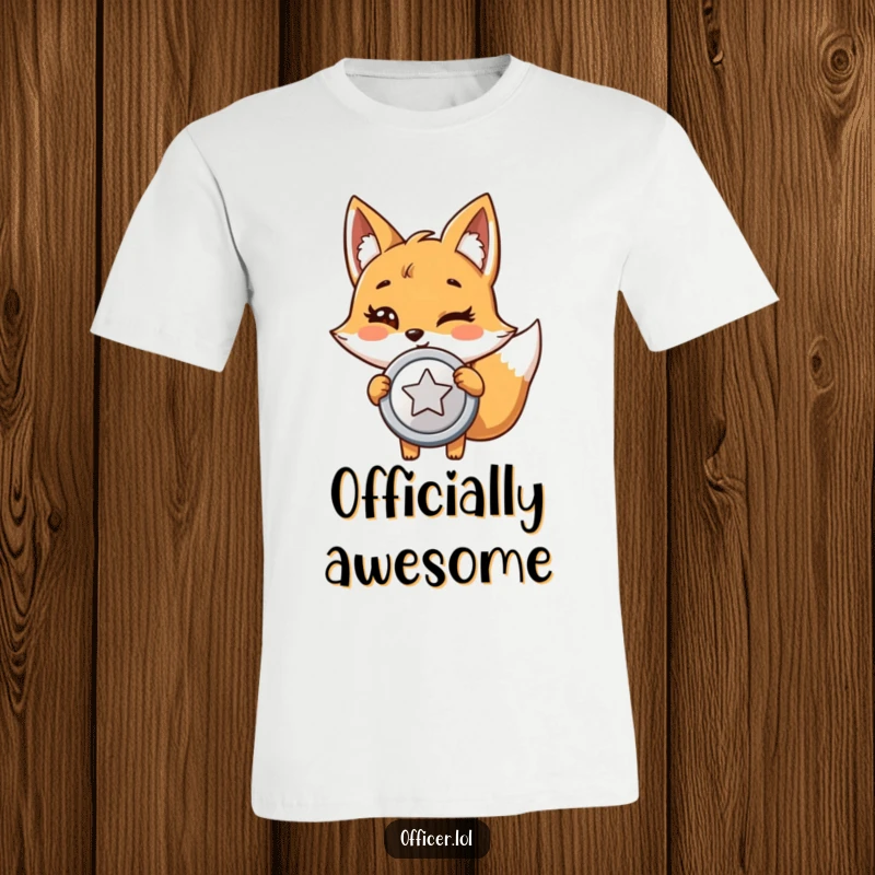 Funny fox investigator t-shirt with a giggling cartoon fox holding a large, shiny badge, winking proudly.