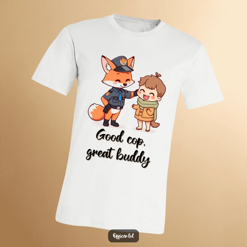 Funny Fox Officer T-Shirt: A playful fox in uniform gives a supportive pat to a tiny happy citizen, embodying kindness and law.
